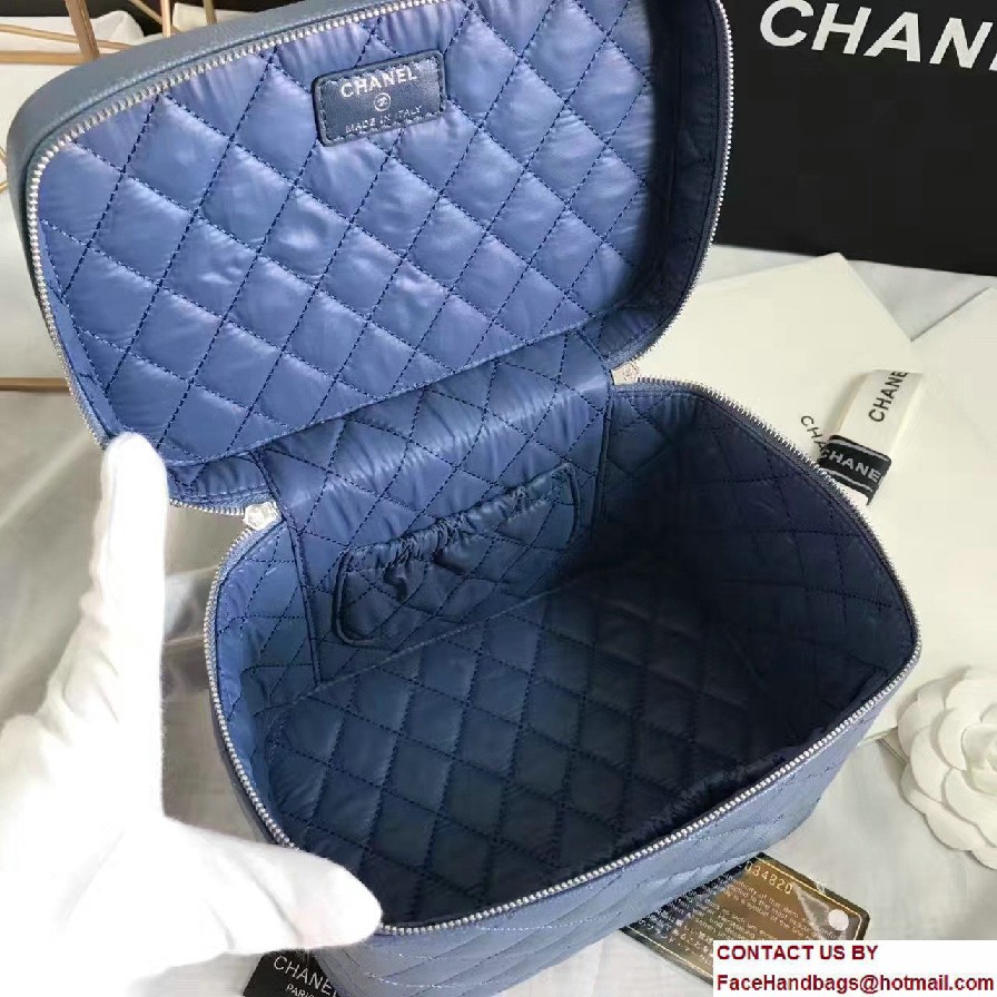 Chanel Grained Calfskin Vanity Case Pouch Small Bag A80913 Blue 2016