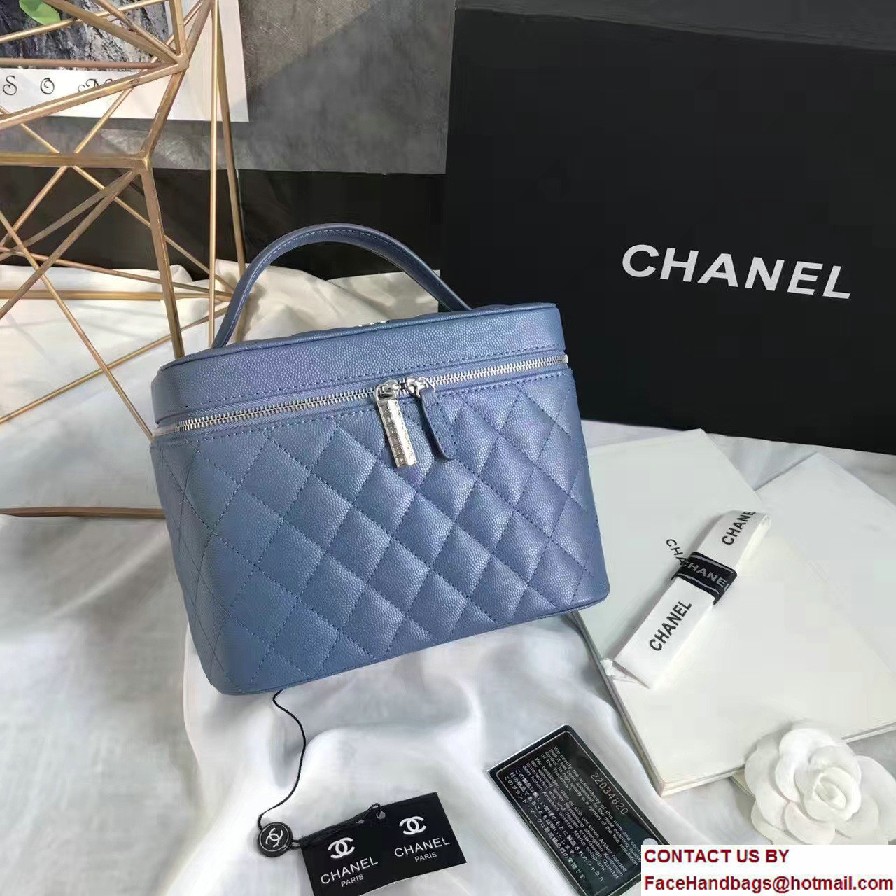 Chanel Grained Calfskin Vanity Case Pouch Small Bag A80913 Blue 2016