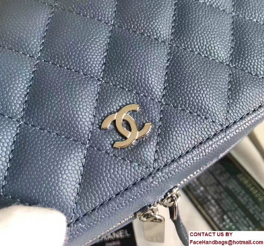 Chanel Grained Calfskin Vanity Case Pouch Small Bag A80913 Blue 2016