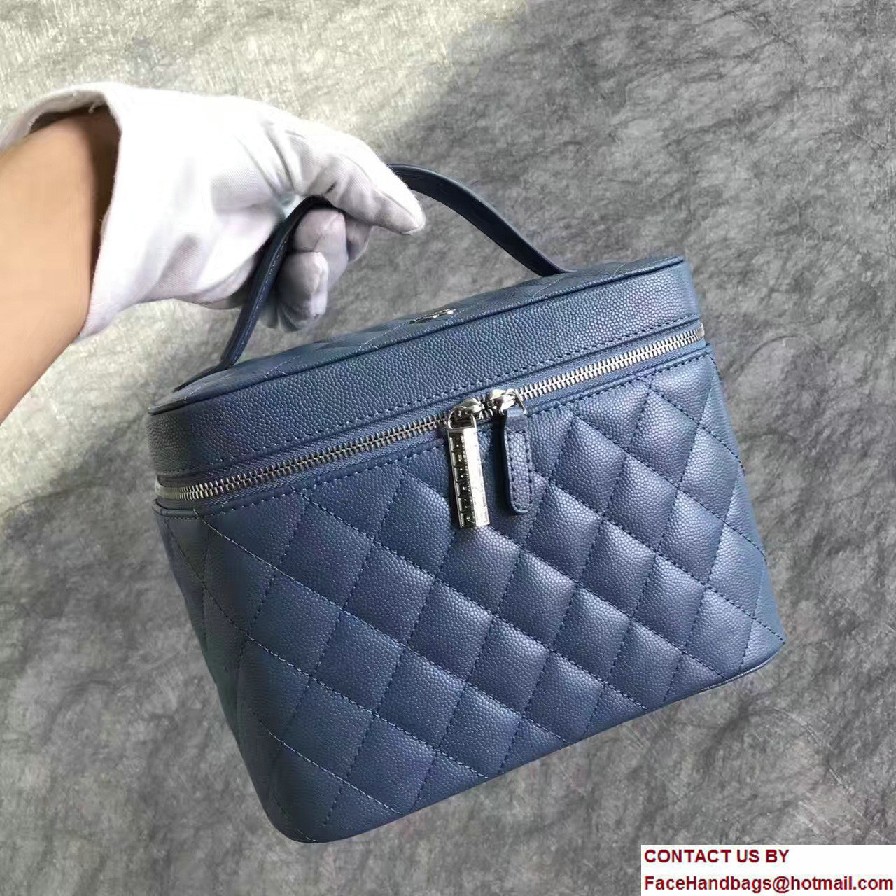 Chanel Grained Calfskin Vanity Case Pouch Small Bag A80913 Blue 2016