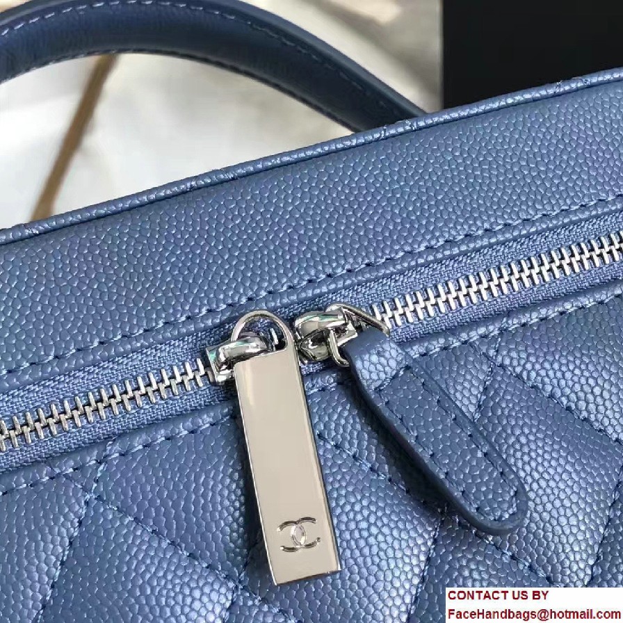 Chanel Grained Calfskin Vanity Case Pouch Small Bag A80913 Blue 2016