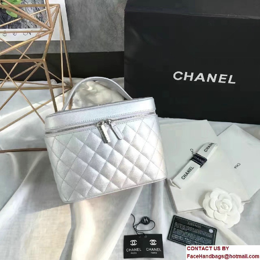 Chanel Grained Calfskin Vanity Case Pouch Small Bag A80913 Silver 2016