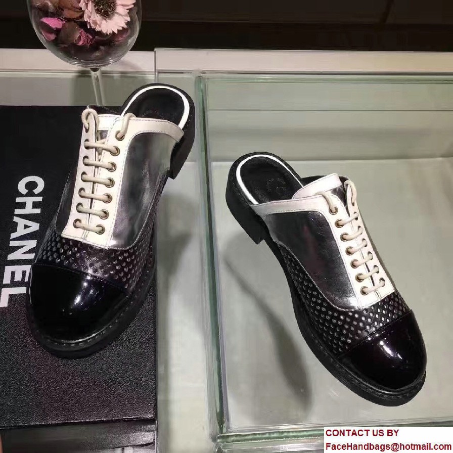 Chanel Heel 3.5cm Lace-ups Mules G32476 Black/White/Silver Runway 2017