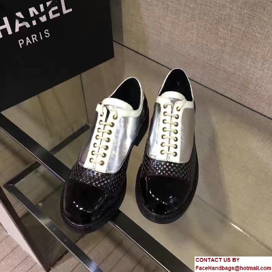 Chanel Heel 3.5cm Lace-ups Shoes G32330 Black/White/Silver Runway 2017