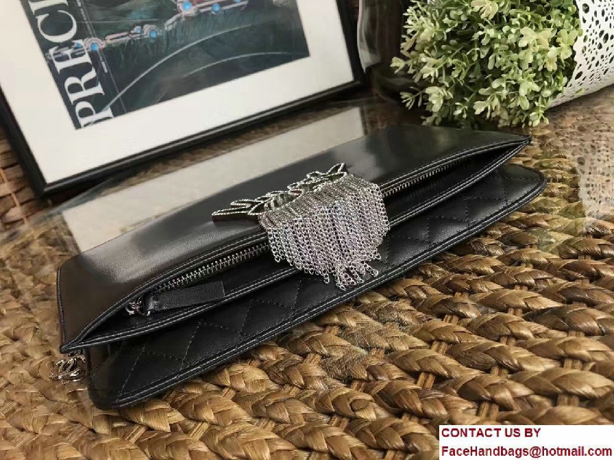 Chanel Lambskin and Chain Fringe Strass Clutch Bag A91250 Black 2016