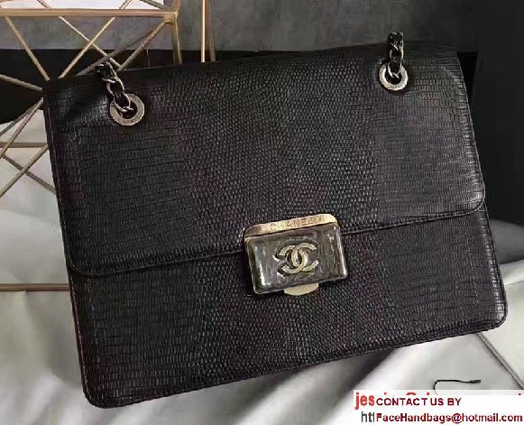 Chanel Lizard Pattern Leather Flap Large Bag Black with Metal Logo 2017