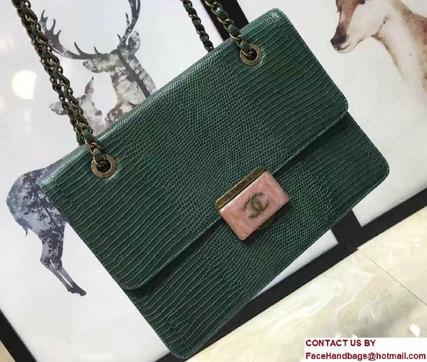 Chanel Lizard Pattern Leather Flap Large Bag Green/Red with Metal Logo 2017