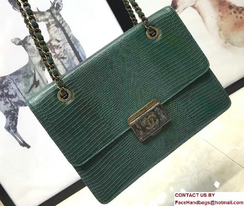 Chanel Lizard Pattern Leather Flap Large Bag Green with Metal Logo 2017