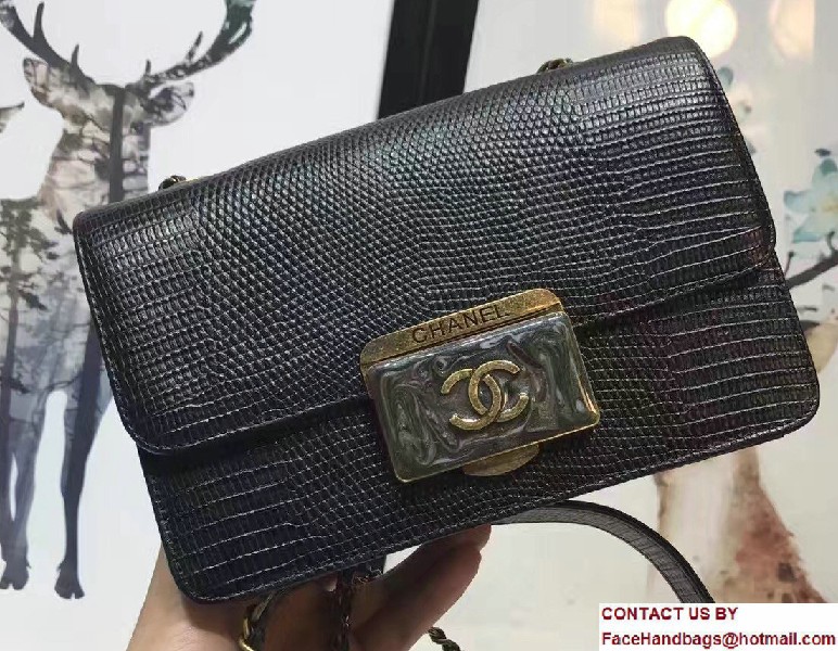 Chanel Lizard Pattern Leather Flap Medium Bag Black with Metal Logo 2017 - Click Image to Close