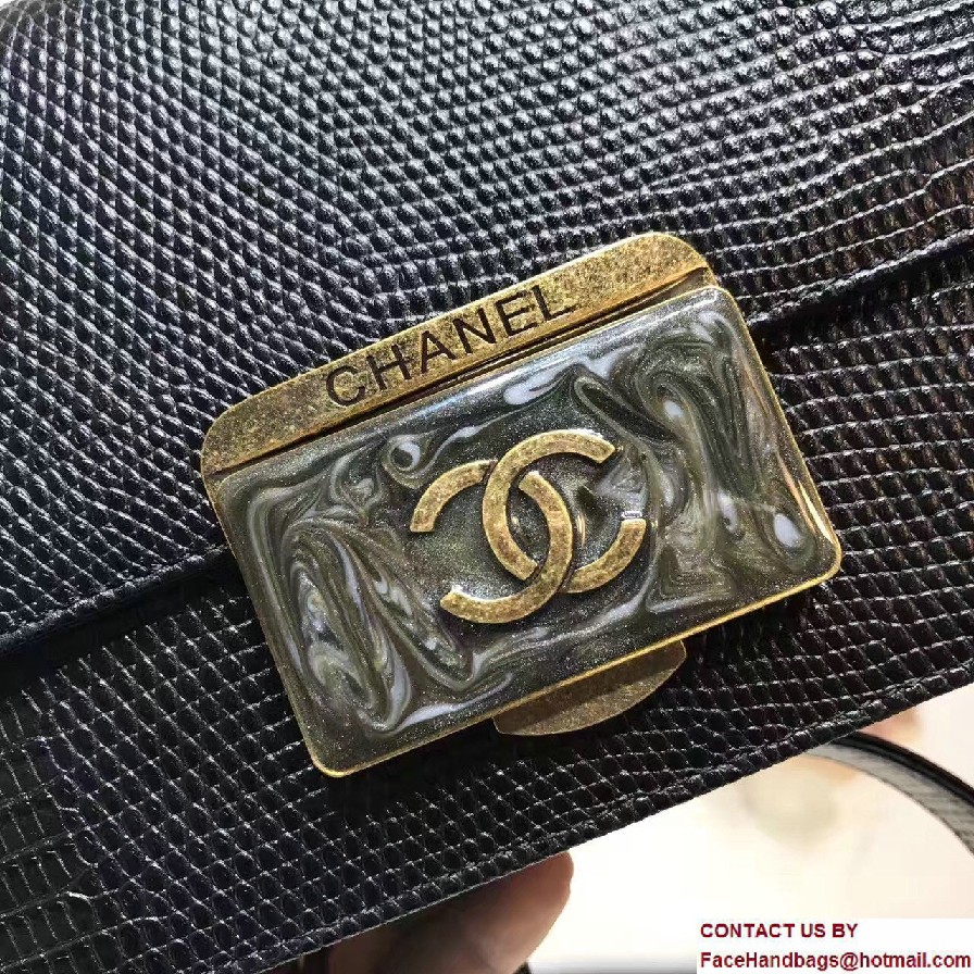 Chanel Lizard Pattern Leather Flap Medium Bag Black with Metal Logo 2017