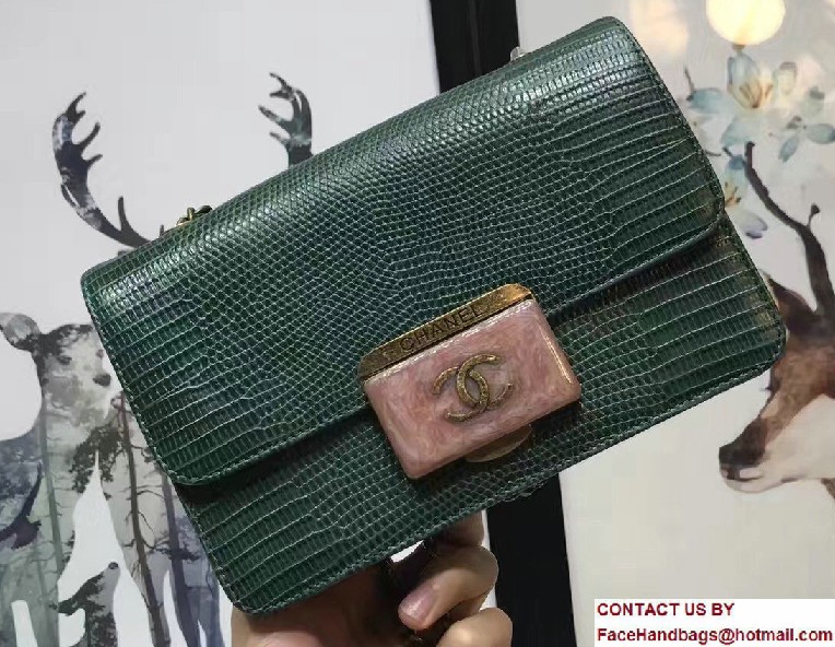 Chanel Lizard Pattern Leather Flap Medium Bag Green/Red with Metal Logo 2017 - Click Image to Close