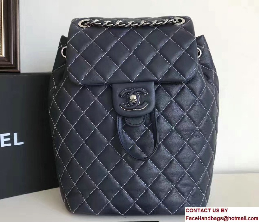 Chanel Quilted Lambskin Backpack Bag Dark Blue Threading Fall Winter 2016