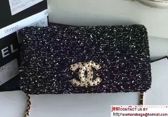 Chanel Vintage Flap Bag Tweed Black Embellished with Pearl and Crystal Logo 2016/2017 - Click Image to Close