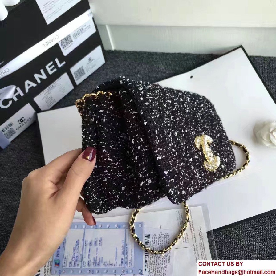 Chanel Vintage Flap Bag Tweed Black Embellished with Pearl and Crystal Logo 2016/2017