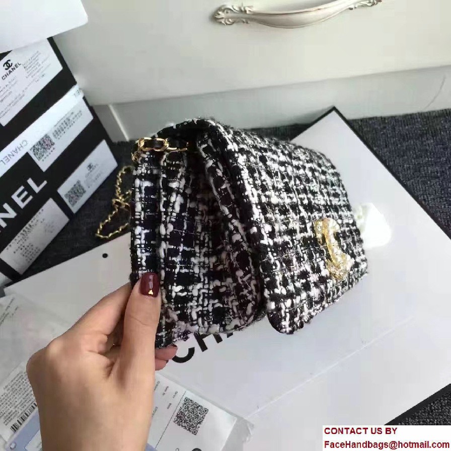 Chanel Vintage Flap Bag Tweed Black/White Embellished with Pearl and Crystal Logo 2016/2017