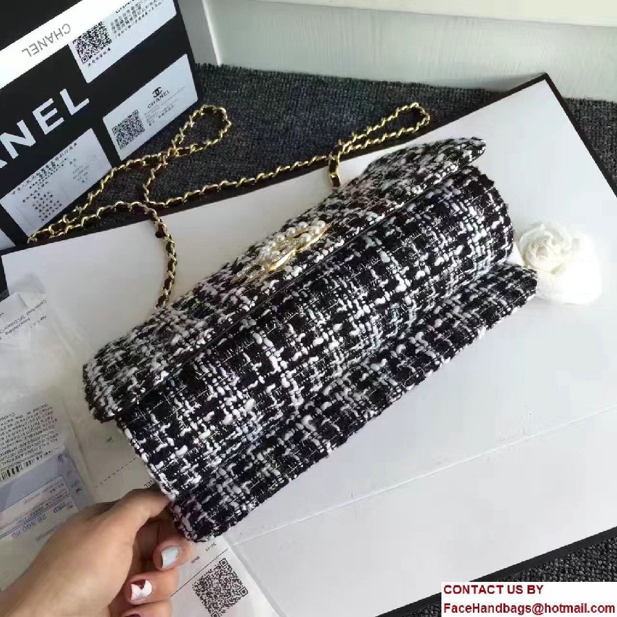 Chanel Vintage Flap Bag Tweed Black/White Embellished with Pearl and Crystal Logo 2016/2017