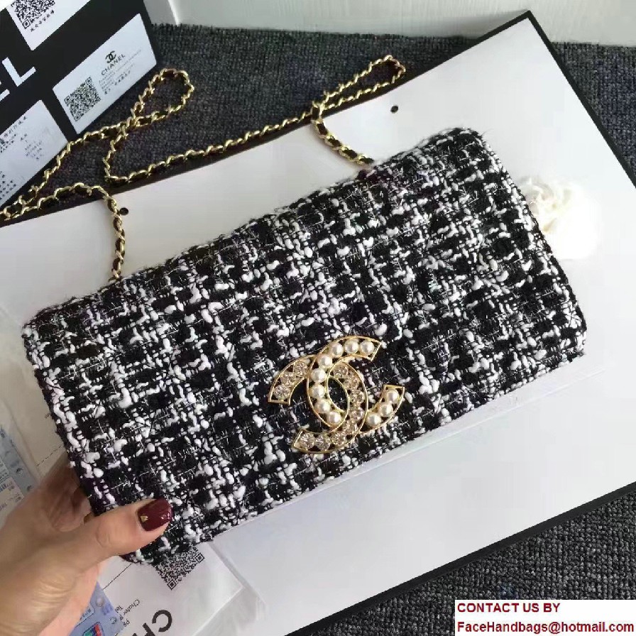 Chanel Vintage Flap Bag Tweed Black/White Embellished with Pearl and Crystal Logo 2016/2017