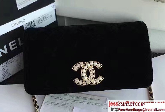 Chanel Vintage Flap Bag Velvet Black Embellished with Pearl and Crystal Logo 2016/2017