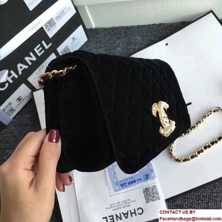 Chanel Vintage Flap Bag Velvet Black Embellished with Pearl and Crystal Logo 2016/2017