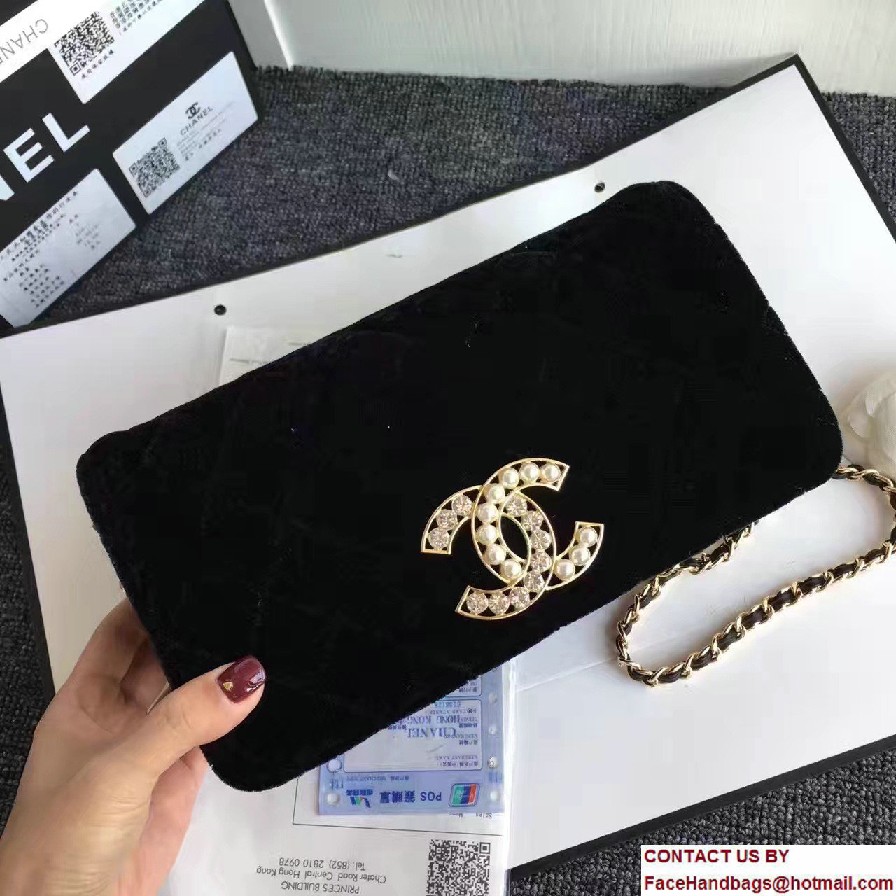 Chanel Vintage Flap Bag Velvet Black Embellished with Pearl and Crystal Logo 2016/2017