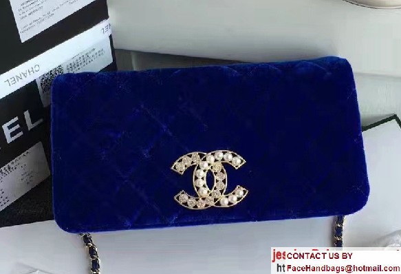 Chanel Vintage Flap Bag Velvet Blue Embellished with Pearl and Crystal Logo 2016/2017 - Click Image to Close