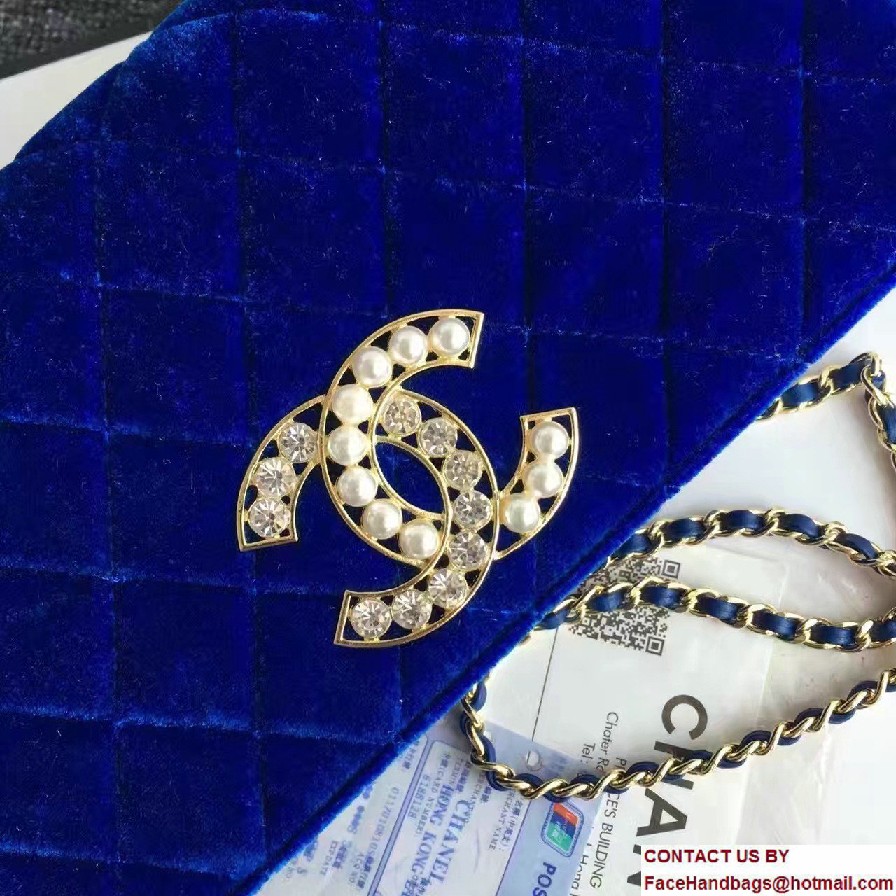 Chanel Vintage Flap Bag Velvet Blue Embellished with Pearl and Crystal Logo 2016/2017