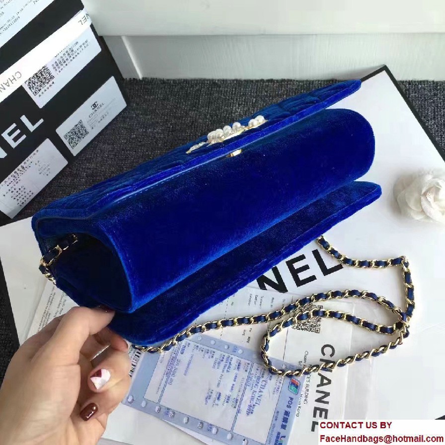 Chanel Vintage Flap Bag Velvet Blue Embellished with Pearl and Crystal Logo 2016/2017