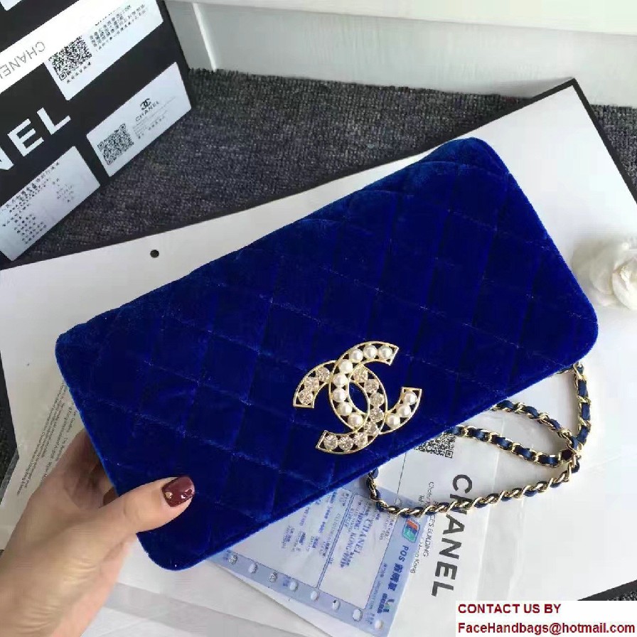 Chanel Vintage Flap Bag Velvet Blue Embellished with Pearl and Crystal Logo 2016/2017