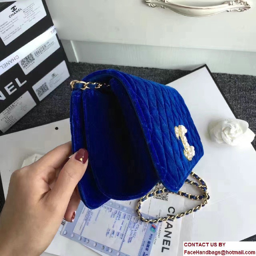 Chanel Vintage Flap Bag Velvet Blue Embellished with Pearl and Crystal Logo 2016/2017