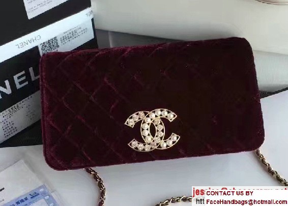 Chanel Vintage Flap Bag Velvet Burgundy Embellished with Pearl and Crystal Logo 2016/2017 - Click Image to Close