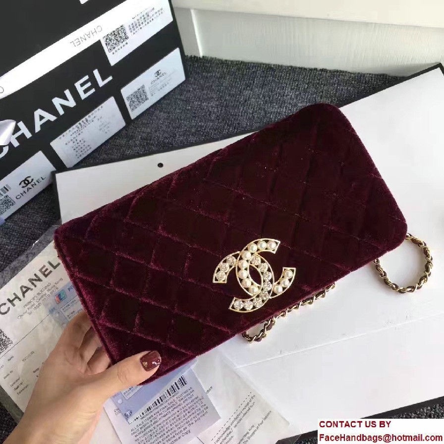 Chanel Vintage Flap Bag Velvet Burgundy Embellished with Pearl and Crystal Logo 2016/2017