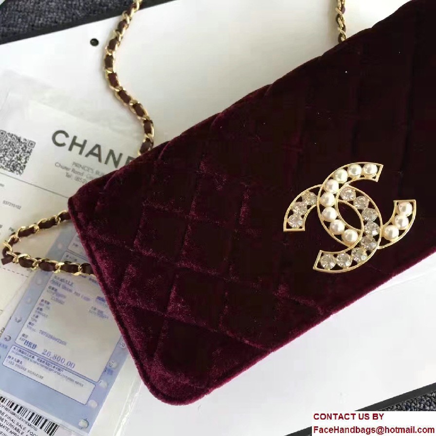 Chanel Vintage Flap Bag Velvet Burgundy Embellished with Pearl and Crystal Logo 2016/2017