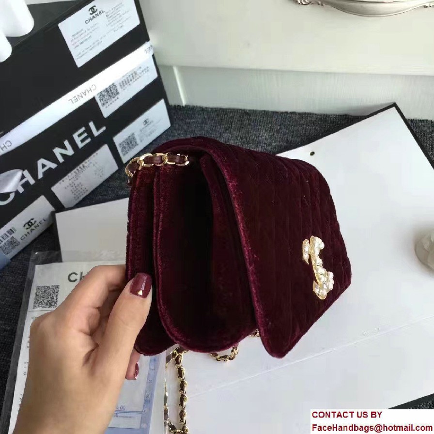 Chanel Vintage Flap Bag Velvet Burgundy Embellished with Pearl and Crystal Logo 2016/2017