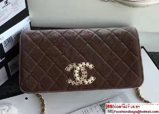 Chanel Vintage Flap Bag Velvet Coffee Embellished with Pearl and Crystal Logo 2016/2017 - Click Image to Close