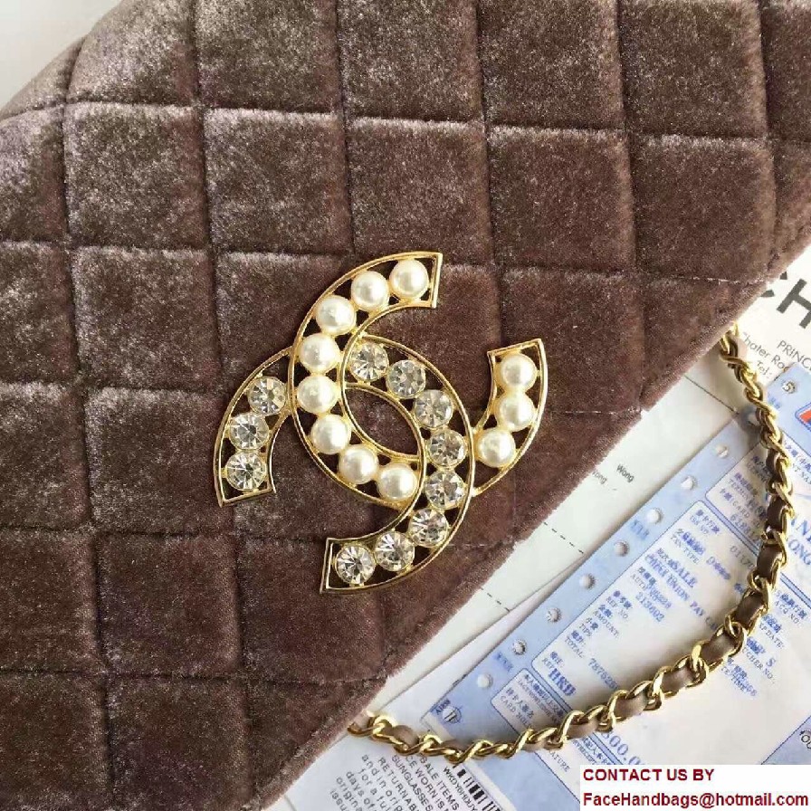 Chanel Vintage Flap Bag Velvet Coffee Embellished with Pearl and Crystal Logo 2016/2017