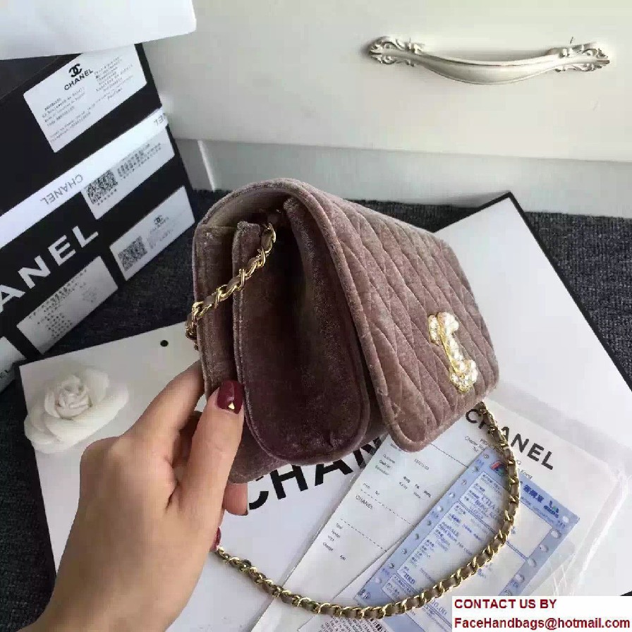 Chanel Vintage Flap Bag Velvet Coffee Embellished with Pearl and Crystal Logo 2016/2017