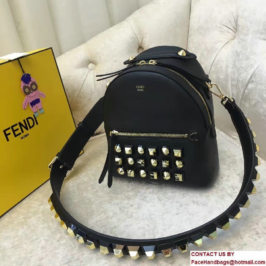 Fendi Calfskin Black and Gold Studs Edition Mini Backpack Bag Black 2017