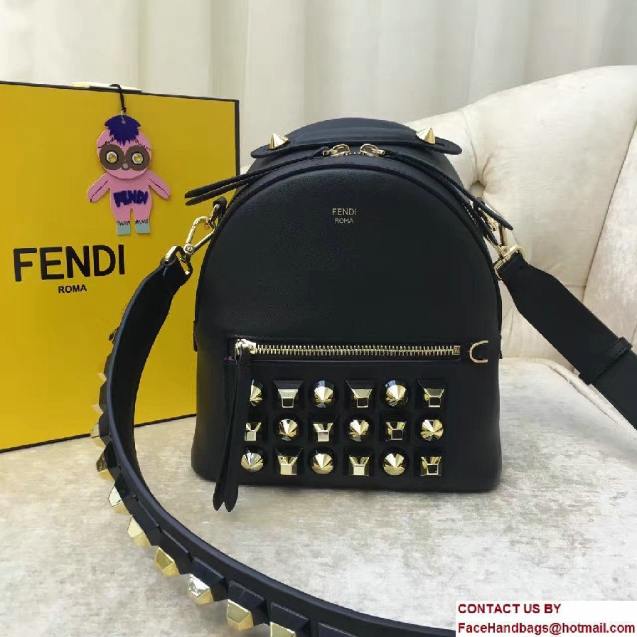 Fendi Calfskin Black and Gold Studs Edition Mini Backpack Bag Black 2017