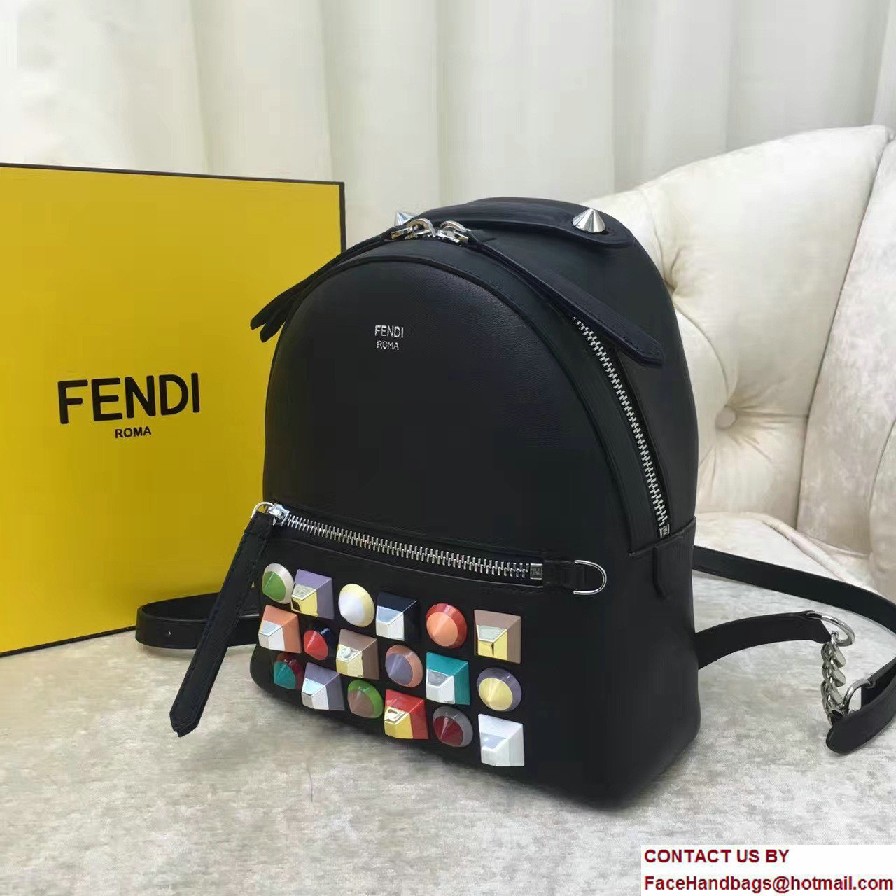 Fendi Calfskin Multicolored Rainbow Studs Mini Backpack Bag Black 2017