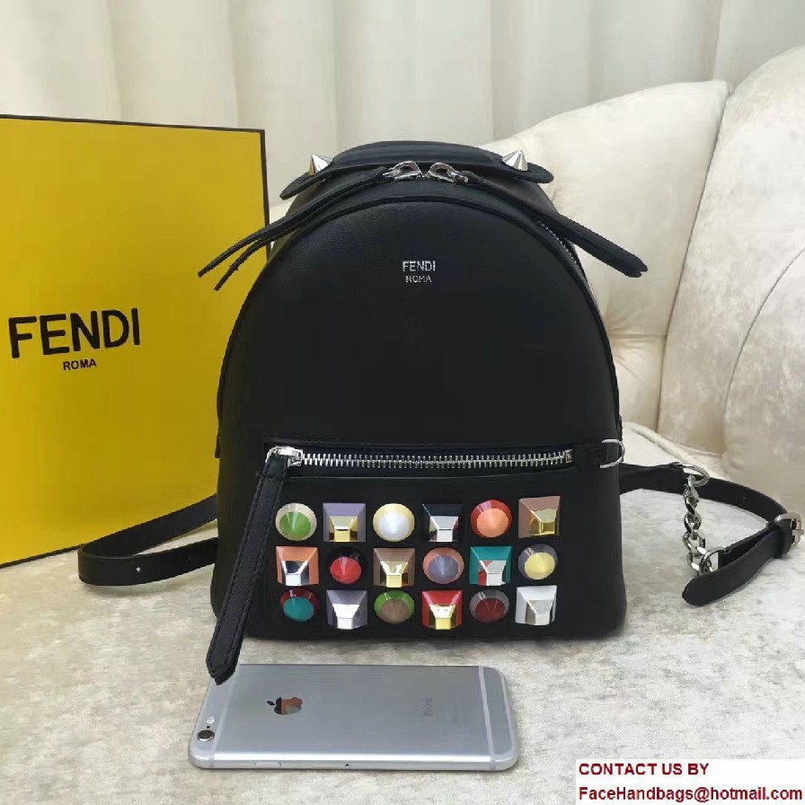 Fendi Calfskin Multicolored Rainbow Studs Mini Backpack Bag Black 2017