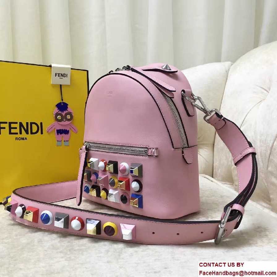 Fendi Calfskin Multicolored Rainbow Studs Mini Backpack Bag Pink 2017