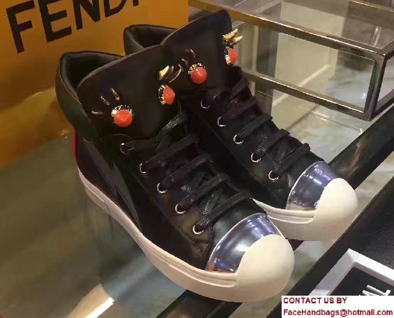 Fendi Multicolored Metal And Studs Faces Motif High-Top Sneakers Black 2017 - Click Image to Close