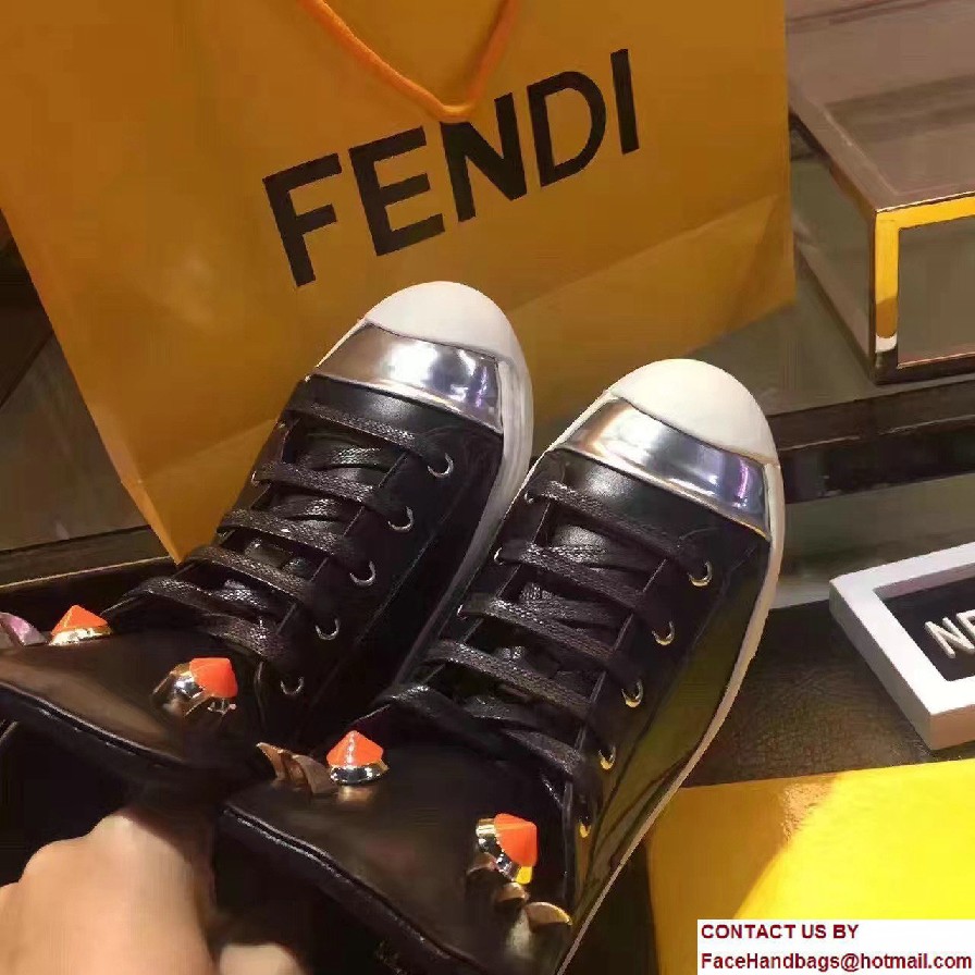 Fendi Multicolored Metal And Studs Faces Motif High-Top Sneakers Black 2017