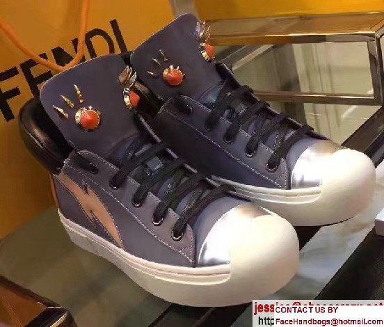 Fendi Multicolored Metal And Studs Faces Motif High-Top Sneakers Gray Blue 2017