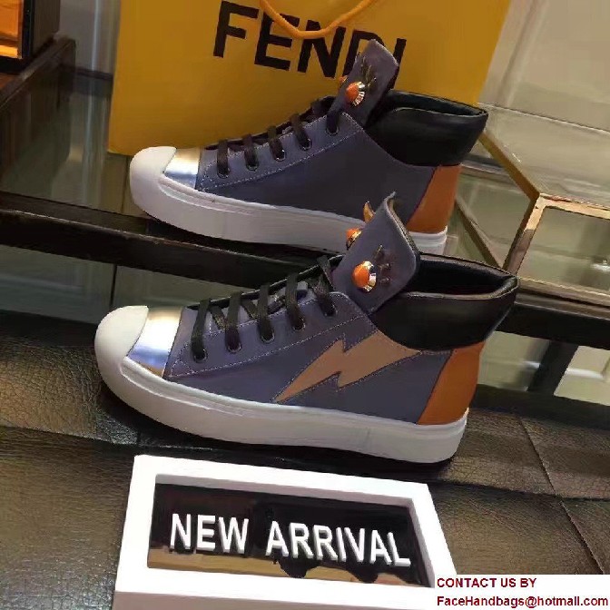 Fendi Multicolored Metal And Studs Faces Motif High-Top Sneakers Gray Blue 2017