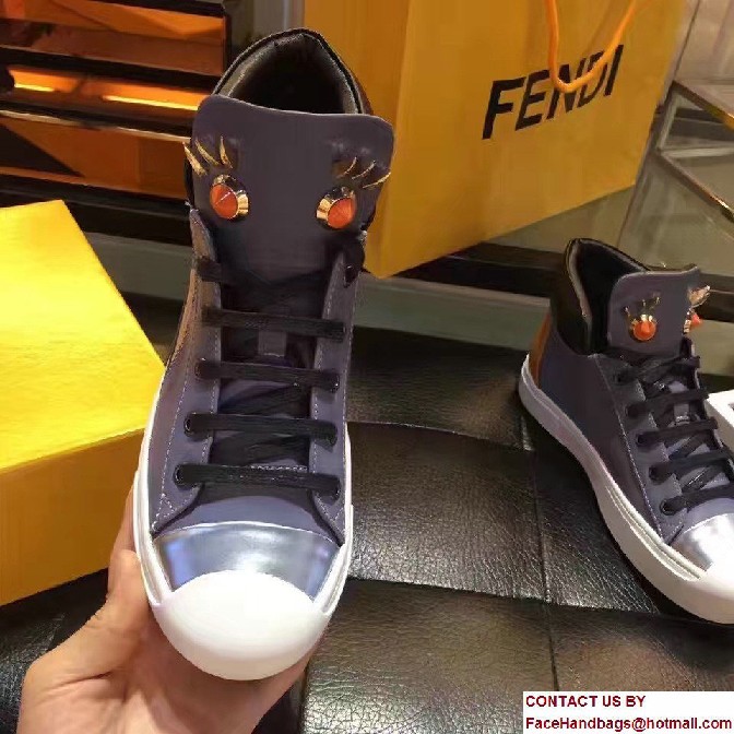 Fendi Multicolored Metal And Studs Faces Motif High-Top Sneakers Gray Blue 2017