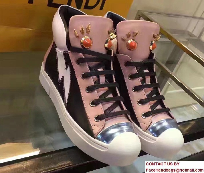 Fendi Multicolored Metal And Studs Faces Motif High-Top Sneakers Pink 2017 - Click Image to Close