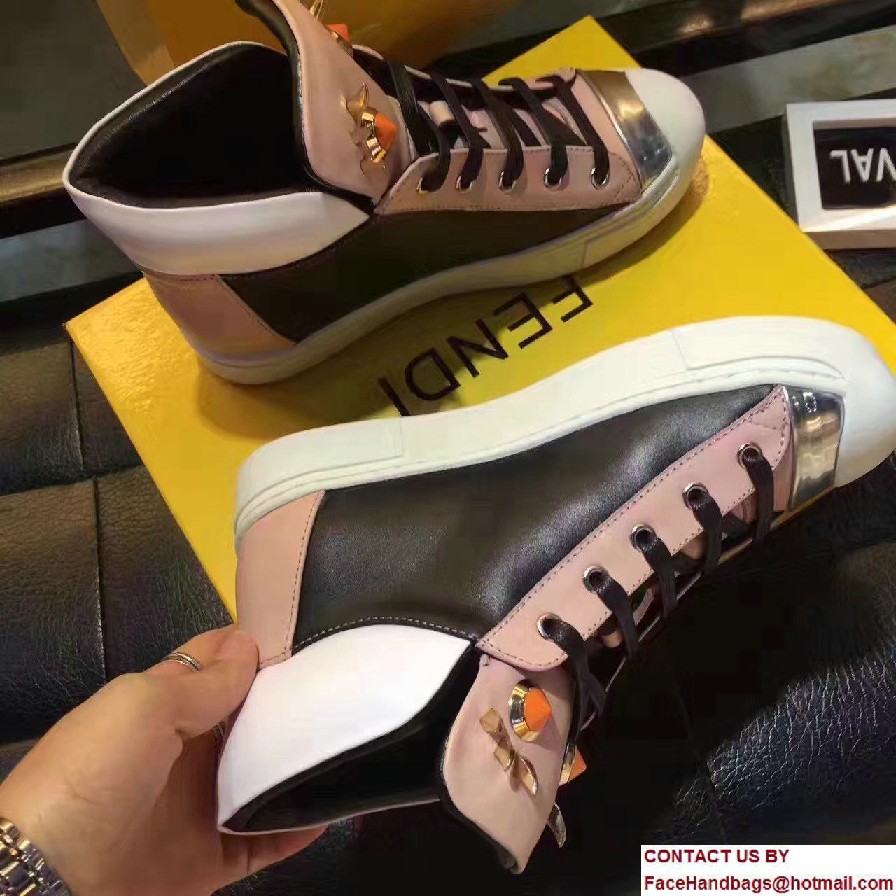 Fendi Multicolored Metal And Studs Faces Motif High-Top Sneakers Pink 2017