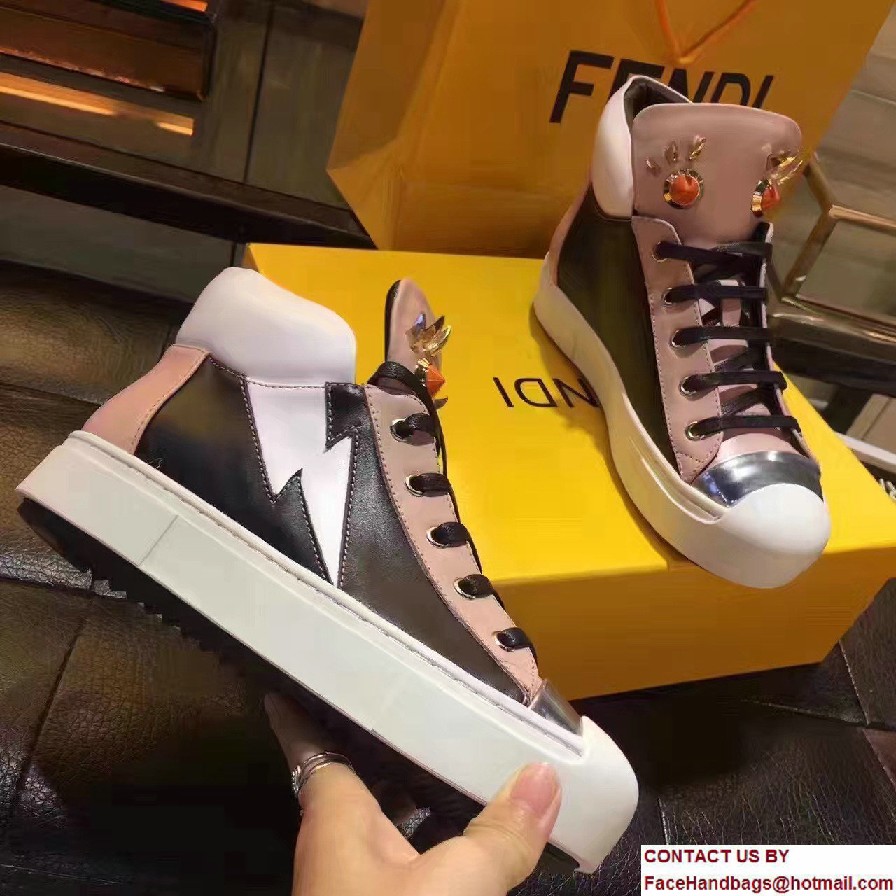 Fendi Multicolored Metal And Studs Faces Motif High-Top Sneakers Pink 2017