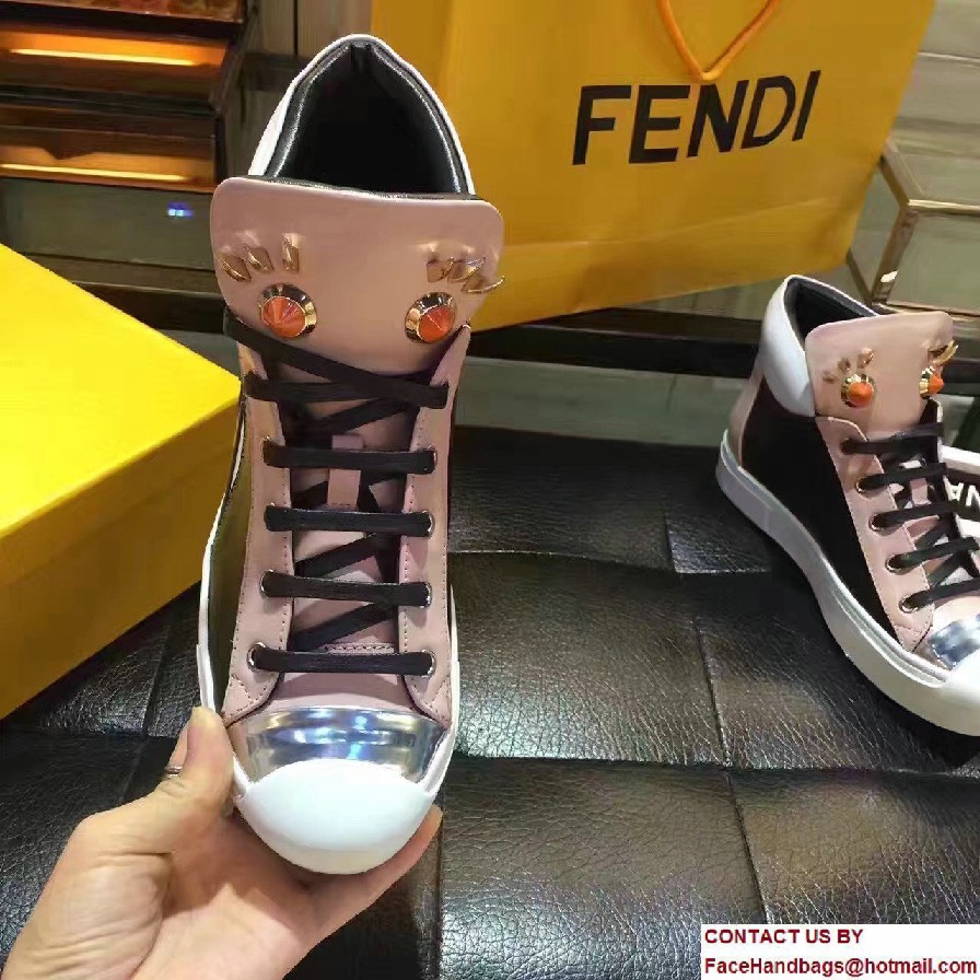 Fendi Multicolored Metal And Studs Faces Motif High-Top Sneakers Pink 2017